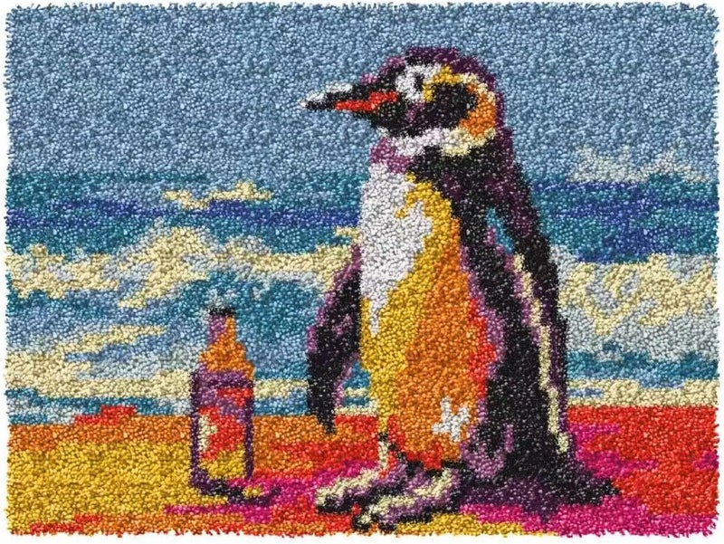 GLAECYY Latch Hook Kits Rug Crochet Yarn Kit Cushion Colour Pre-Printed Canvas Rug Needlework DIY Hook and Latch Kit (Seaside Penguin) - Image 1
